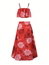 Women's Summer Red Random Print Two-Piece Cami Top And High-Waisted Maxi Skirt Set